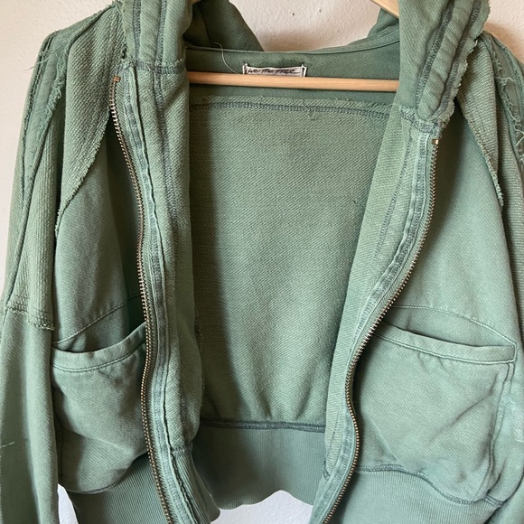 Free People Patchwork Cropped Hoodie Jacket Khaki Green - Picture 4 of 10